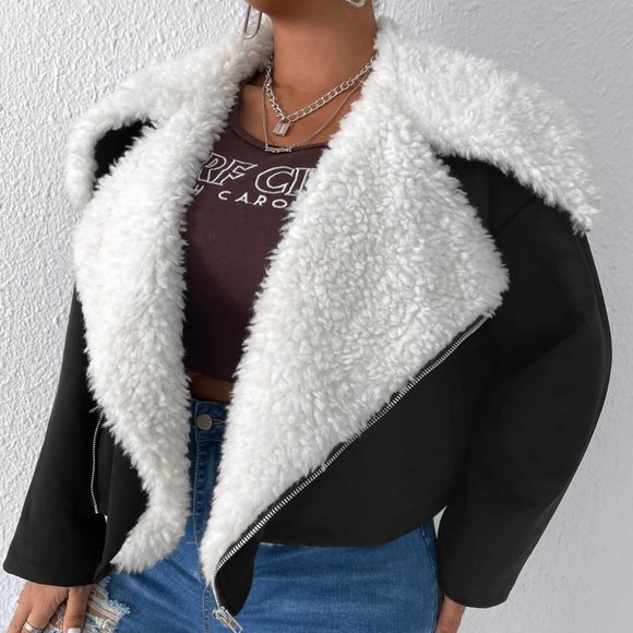 PLUS teddy lined PU leather moto jacket casual contemporary - Picture 2 of 5